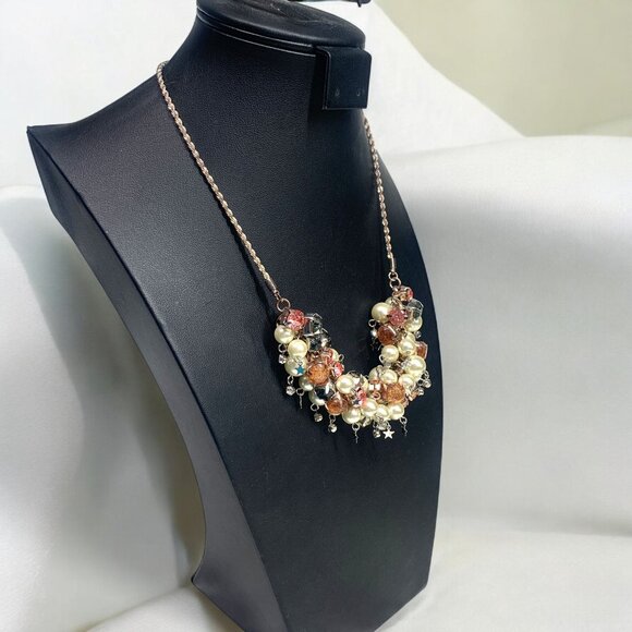 Betsey Johnson Pearl Beaded Cluster Necklace Rose Gold Adjustable Chain 18"L - Picture 3 of 7